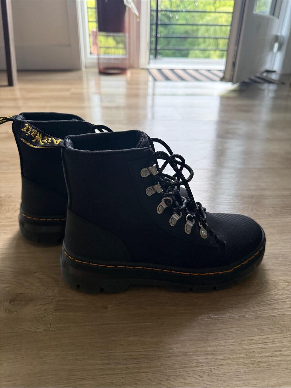 DR Martin Black Combat Lace-Up Boots with Yellow Stitching
